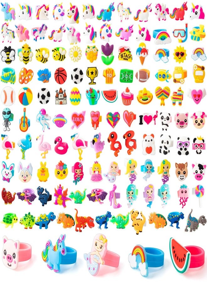 Highergo 120 Pcs Dinosaur Unicorn Rubber Rings for Kids Girls Rainbow Animal Kids Rings Unicorn Cupcake Jewelry for Little Girl Valentine's Gift Zoo Football Birthday Party Supplies Dress up (Colorful) - Image 1